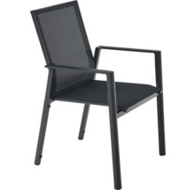 Stapelbarer Gartenstuhl mit Gestell aus Aluminium und Bespannung aus Textilgewebe.