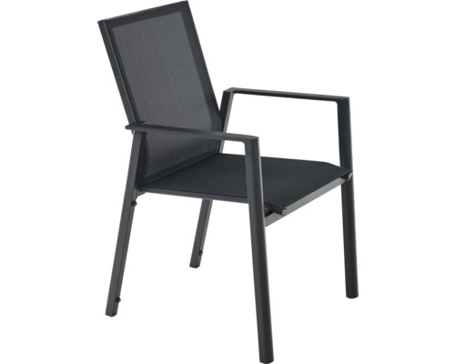 Stapelbarer Gartenstuhl mit Gestell aus Aluminium und Bespannung aus Textilgewebe.