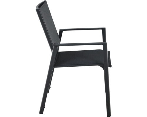 Gartenstuhl mit Metallgestell und Textilbespannung an Sitz und Rückenlehne, mit Armlehnen.