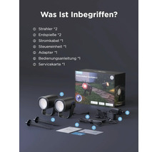 Govee Outdoor Spotlights 2 Lieferumfang: zwei Strahler, zwei Erdspieße, ein Stromkabel, eine Steuereinheit, ein Adapter, eine Bedienungsanleitung und eine Servicekarte.