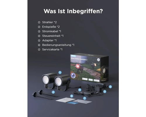 Govee Outdoor Spotlights 2 Lieferumfang: zwei Strahler, zwei Erdspieße, ein Stromkabel, eine Steuereinheit, ein Adapter, eine Bedienungsanleitung und eine Servicekarte.