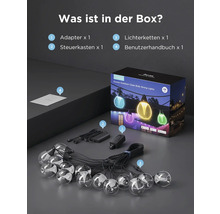 Inhalt der Verpackung der Govee Outdoor Lichterkette mit klaren Glühbirnen: Adapter, Steuerkasten, Lichterkette und Bedienungsanleitung.