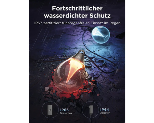Dekorative Glühbirnen mit IP67-Zertifizierung für den Einsatz im Regen, IP65-Steuerbox und IP44-Adapter.
