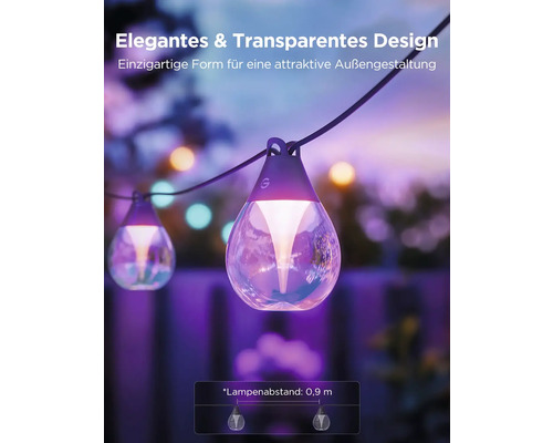 Lichterkette mit transparenten Lampen im Tropfendesign
