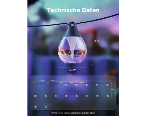 Technische Daten einer Lichterkette mit den Maßen 8,6 cm Höhe und 5,8 cm Breite