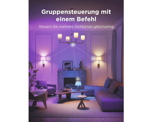 Wohnzimmer mit Deckenleuchte, Wandleuchten und Tischleuchte für die Lichtsteuerung