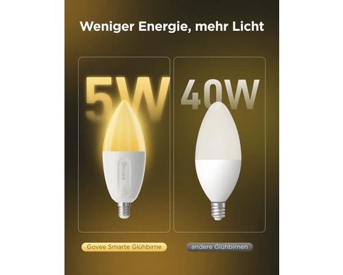 Vergleich einer Govee smarten Glühbirne mit 5 Watt und einer Standard Glühbirne mit 40 Watt.