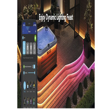 Szene mit einem Whirlpool, einer Smartphone-App und dynamischer Beleuchtung für den Außenbereich.