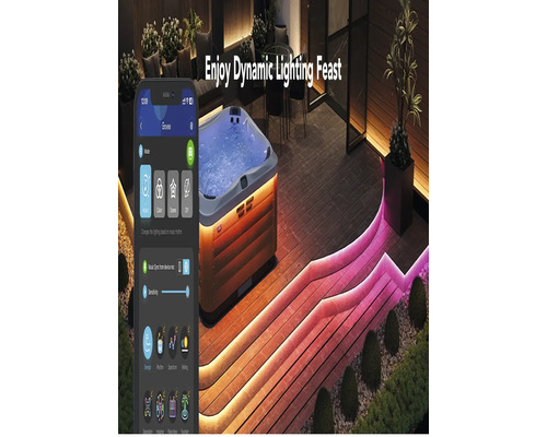 Szene mit einem Whirlpool, einer Smartphone-App und dynamischer Beleuchtung für den Außenbereich.