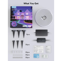 Govee RGBIC Neon-Lichterkette für den Außenbereich mit Zubehör wie Erdspießen, Schrauben, Dübeln, Bedienungsanleitung und Netzteilen