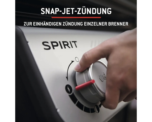 Nahaufnahme der Einhandzündung einzelner Brenner eines Weber Spirit Gasgrills.