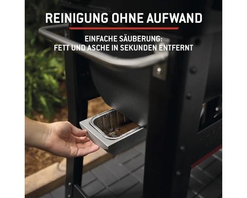 Detailaufnahme eines Grills, der die einfache Reinigung durch Entfernen von Fett und Asche zeigt