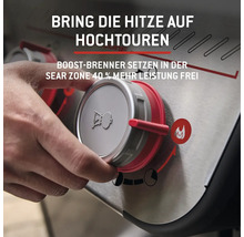 Nahaufnahme eines Gasgrill-Drehknopfes mit Hand