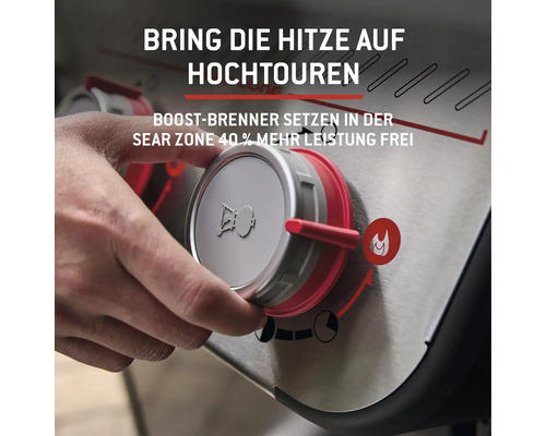 Nahaufnahme eines Gasgrill-Drehknopfes mit Hand