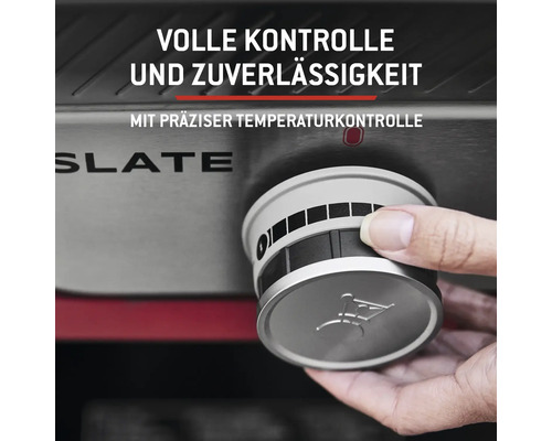 Nahaufnahme eines Drehknopfes zur Temperaturkontrolle eines Grills.