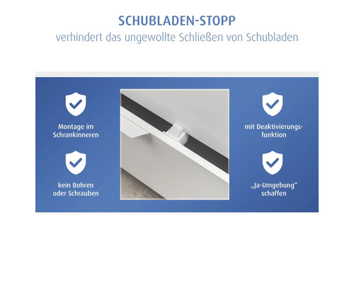 Schubladenstopper verhindert ungewolltes Schließen von Schubladen