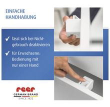 Einfache Handhabung der Reer Kindersicherung mit Einhandbedienung und Deaktivierungsfunktion.