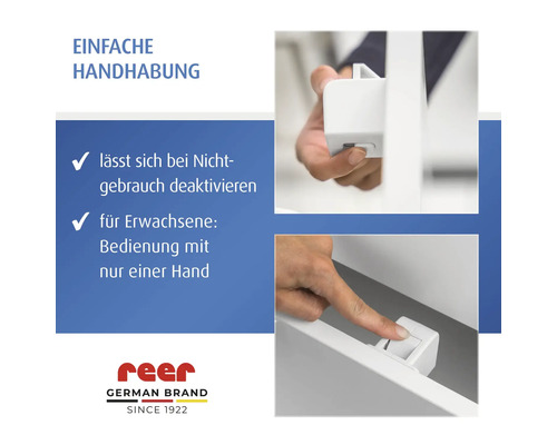 Einfache Handhabung der Reer Kindersicherung mit Einhandbedienung und Deaktivierungsfunktion.