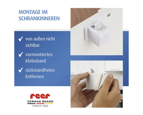 Bilderreihe zur Montage eines Schrankschlosses im Schrankinneren. Das Schloss ist von außen nicht sichtbar, hat ein vormontiertes Klebeband und lässt sich rückstandslos entfernen. Reer Logo.