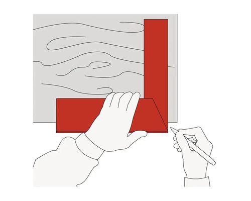 Eine Person verwendet einen Winkel, um eine Linie auf einem Holzbrett zu markieren.