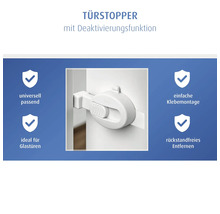 Türstopper mit Deaktivierungsfunktion für universellen Einsatz und einfache Klebemontage, ideal für Glastüren und rückstandfreies Entfernen.