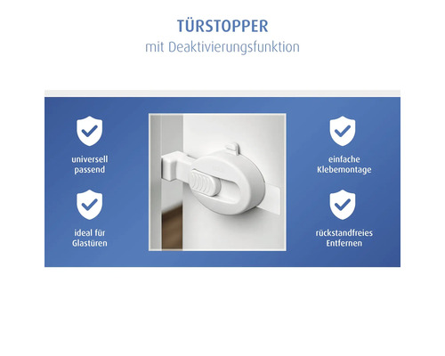 Türstopper mit Deaktivierungsfunktion für universellen Einsatz und einfache Klebemontage, ideal für Glastüren und rückstandfreies Entfernen.