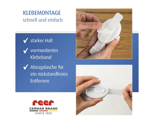 Darstellung der Klebemontage eines Reer Produkts mit starkem Halt, vormontiertem Klebeband und Abzugslasche für eine rückstandfreie Entfernung. Reer Logo.