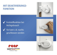 Produktabbildung einer weißen Türsicherung mit Deaktivierungsfunktion.