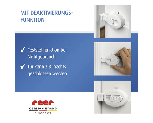 Produktabbildung einer weißen Türsicherung mit Deaktivierungsfunktion.