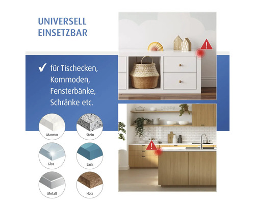 Anwendungsbeispiele für Kantenschutz an Tischen, Kommoden, Fensterbänken und Schränken aus Marmor, Stein, Glas, Lack, Metall und Holz