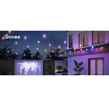 Govee Logo. Lichterkette im Garten mit Projektion auf einer Leinwand.