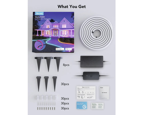 Govee RGBIC Neon-Lichterkette für den Außenbereich mit Zubehör wie Erdspießen, Schrauben, Dübeln, Bedienungsanleitung und Netzteilen