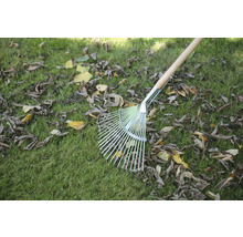 Laubbesen mit Holzstiel auf einer Wiese mit Laub