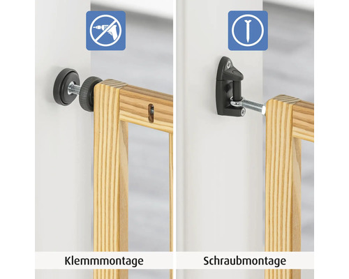 Detailansicht der Montageoptionen eines Holztors: Klemmmontage und Schraubmontage