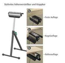 Höhenverstellbarer und klappbarer Materialständer mit fester Auflage, Kugelauflage und Rollenauflage