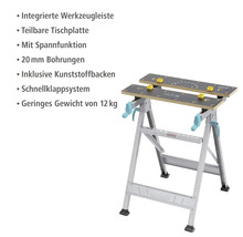 Wolfcraft Master Arbeitstisch mit integrierter Werkzeugleiste, teilbarer Tischplatte, Spannfunktion, 20 mm Bohrungen und Schnellklappsystem