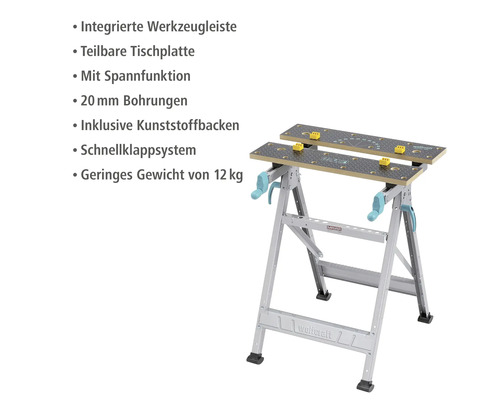 Wolfcraft Master Arbeitstisch mit integrierter Werkzeugleiste, teilbarer Tischplatte, Spannfunktion, 20 mm Bohrungen und Schnellklappsystem