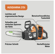 Husqvarna 215i Kettensäge mit leichtem, ergonomischem Design und benutzerfreundlichem Tastenfeld.