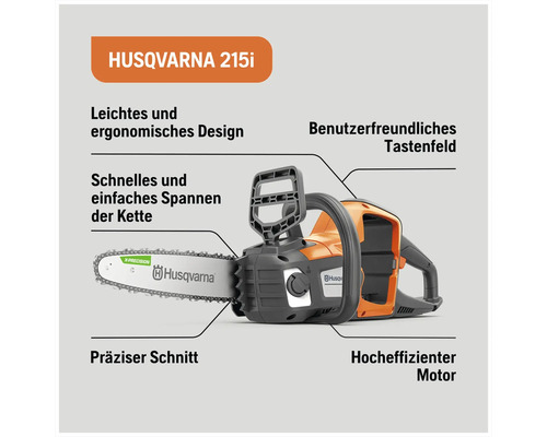 Husqvarna 215i Kettensäge mit leichtem, ergonomischem Design und benutzerfreundlichem Tastenfeld.