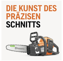 Husqvarna Akku Kettensäge mit dem Text Die Kunst des präzisen Schnitts