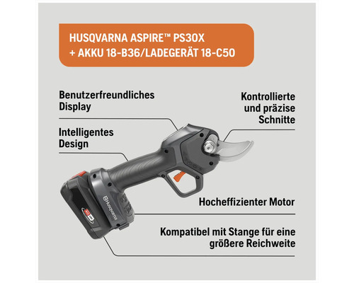 Husqvarna Aspire PS30X Akku-Gartenschere mit Akku und Ladegerät für kontrollierte und präzise Schnitte