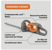Husqvarna 215iHD45 Heckenschere mit energiesparendem Modus, benutzerfreundlichem Tastenfeld, leichtem, ergonomischem Design, hocheffizientem Motor und Akku für mehrere Geräte