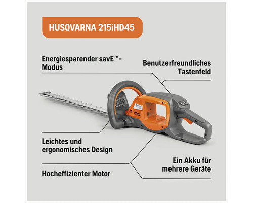Husqvarna 215iHD45 Heckenschere mit energiesparendem Modus, benutzerfreundlichem Tastenfeld, leichtem, ergonomischem Design, hocheffizientem Motor und Akku für mehrere Geräte