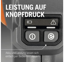 Nahaufnahme des Bedienfelds mit Batteriestandsanzeige und Einschalttaste