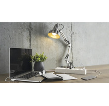 Organisierter Arbeitsplatz mit Laptop, Tischleuchte, Pflanze und einer Steckdosenleiste mit USB-Anschlüssen vor einer Wand in Betonoptik.
