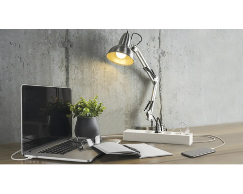 Organisierter Arbeitsplatz mit Laptop, Tischleuchte, Pflanze und einer Steckdosenleiste mit USB-Anschlüssen vor einer Wand in Betonoptik.