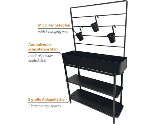 Blumenständer aus pulverbeschichtetem Stahl mit drei Hängegefäßen und zwei Ablageflächen