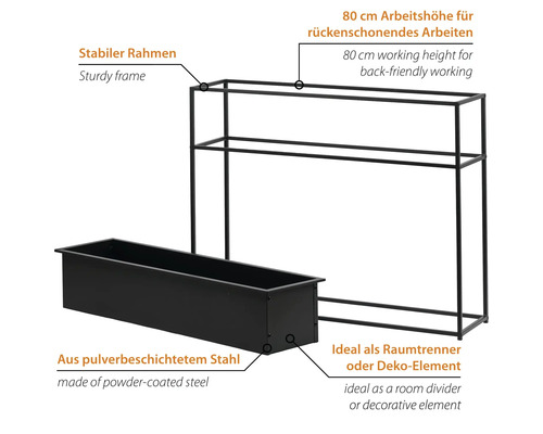 Schwarzes Pflanzgefäß mit Stahlgestell für den Innenbereich, geeignet als Raumteiler