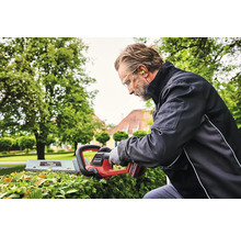 Mann schneidet Hecke mit einer elektrischen Heckenschere von Einhell im Garten.