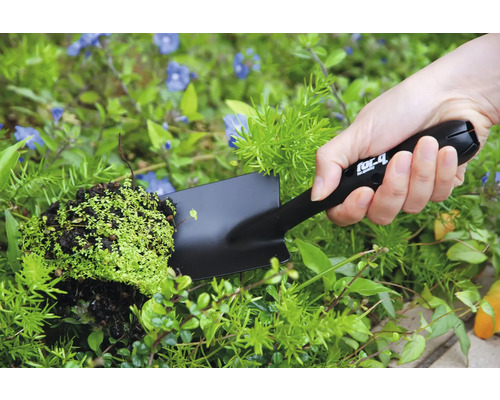Person hält eine Handschaufel mit Pflanze im Garten.